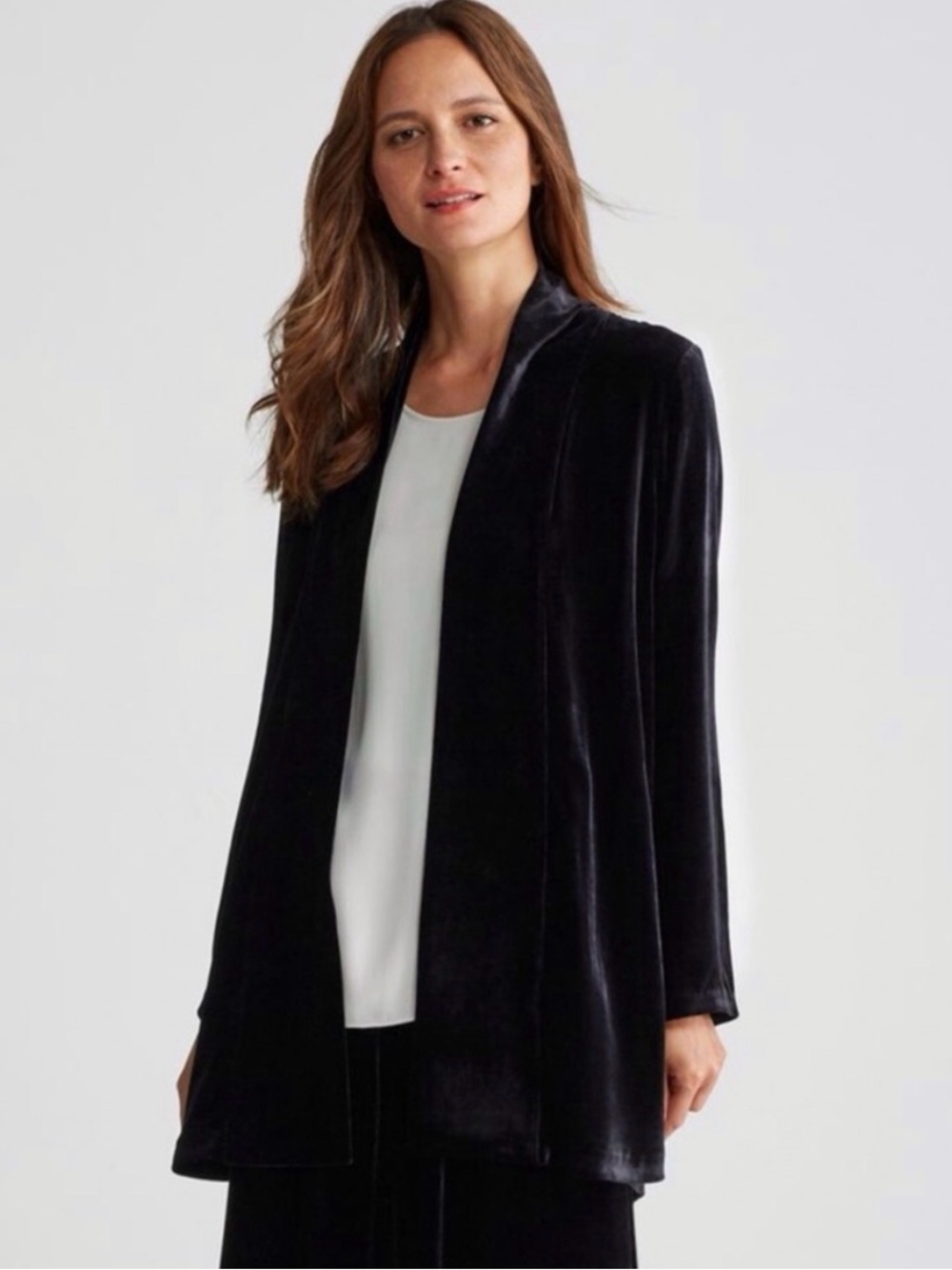 Eileen Fisher Silk Blend Velvet Open Front Cardigan Jacket w/ Pockets⁠